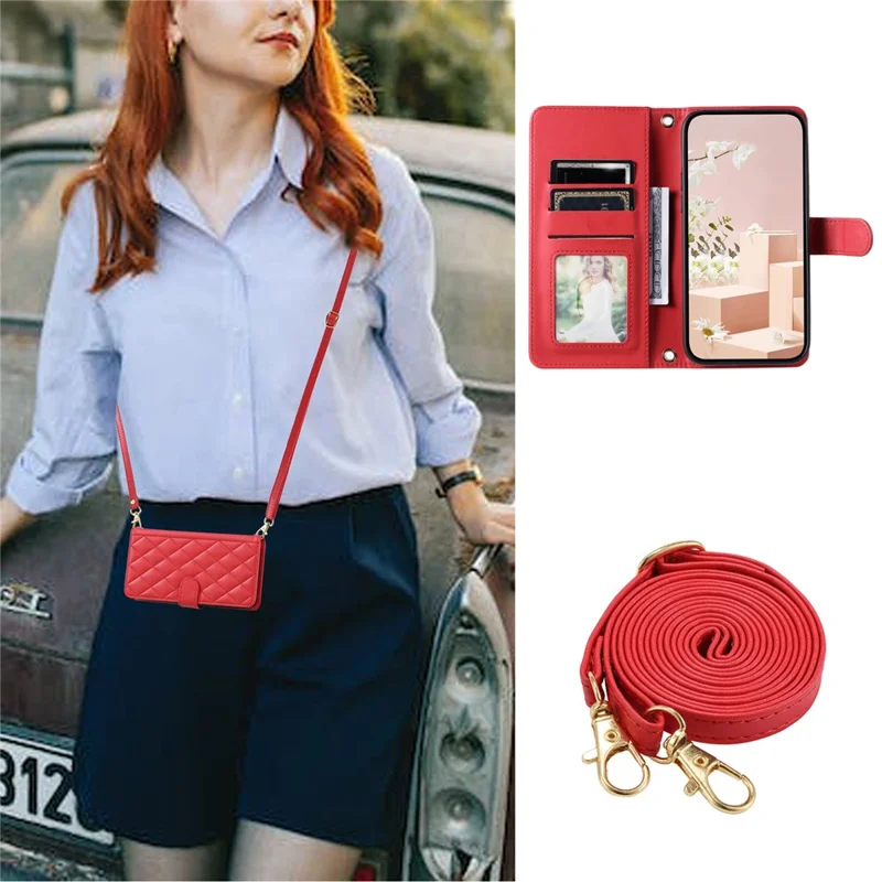 For Xiaomi Redmi 13C 4G / Poco C65 4G Case Wallet Rhombus Grid Pattern Phone Cover with Hand Strap - Red