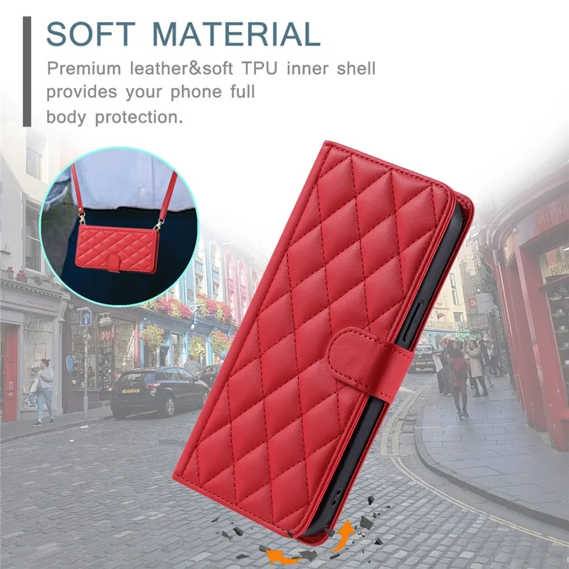 For Xiaomi Redmi 13C 4G / Poco C65 4G Case Wallet Rhombus Grid Pattern Phone Cover with Hand Strap - Red