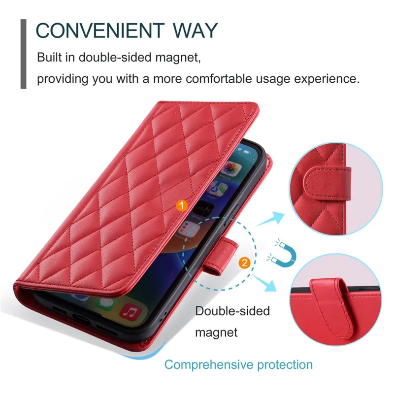 For Xiaomi Redmi 13C 4G / Poco C65 4G Case Wallet Rhombus Grid Pattern Phone Cover with Hand Strap - Red