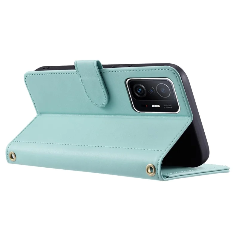 For Xiaomi 11T / 11T Pro Leather Case Wallet Card Holder Phone Cover with Shoulder Strap - Mint Green