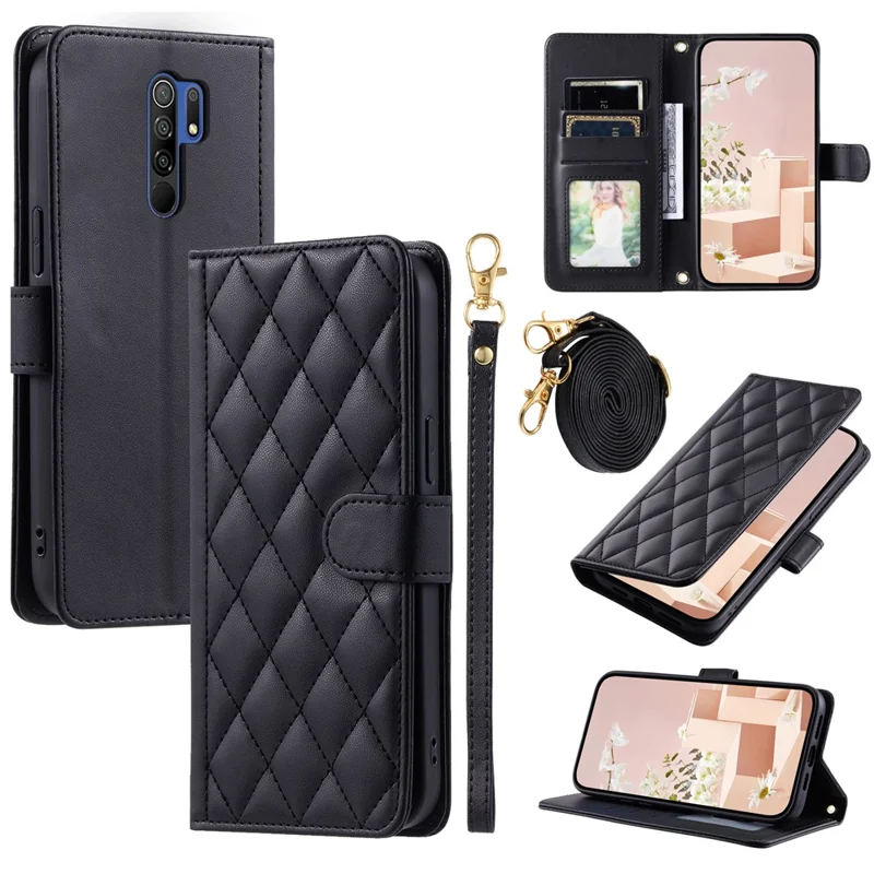 For Xiaomi Poco M2 / Redmi 9 / 9 Prime (India) Case Rhombus Grid Leather Wallet Phone Cover with 2 Straps - Black