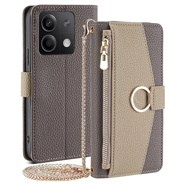 Para Xiaomi Redmi Note 13 5G Wallet Case Shoulder Strap Mirror Inside Leather Phone Cover - Cinza
