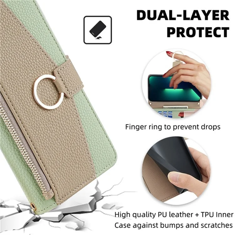 For Xiaomi Redmi Note 13 Pro+ 5G Crossbody Case Zipper Pocket Phone Cover with Makeup Mirror - Green