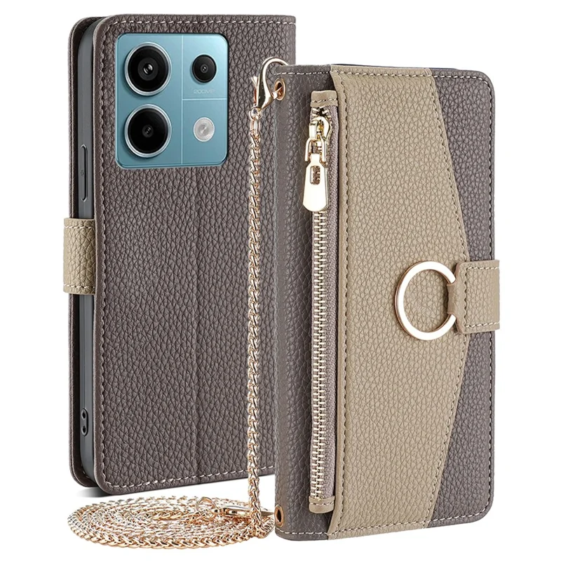 Crossbody Case for Xiaomi Redmi Note 13 Pro 5G / Poco X6 5G Zipper Pocket Phone Cover with Makeup Mirror - Grey