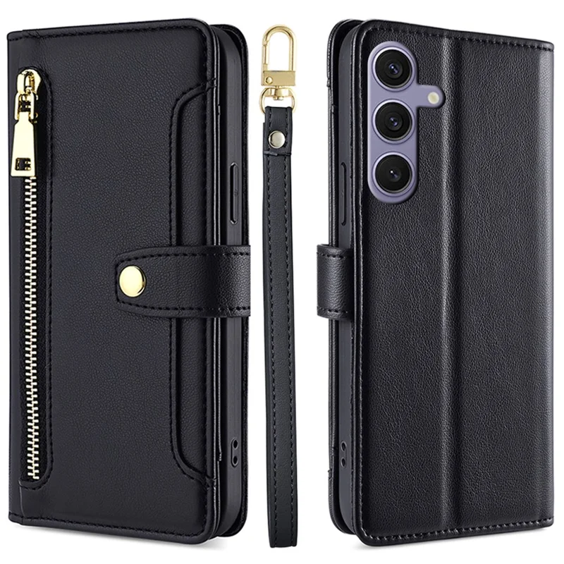 For Samsung Galaxy S24+ Cell Phone Cover Magnetic Leather Phone Case Phone Stand with 2 Straps - Black