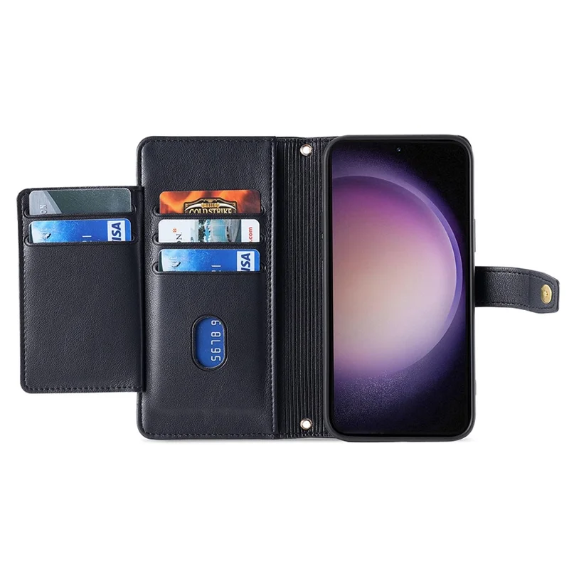 For Samsung Galaxy S24+ Cell Phone Cover Magnetic Leather Phone Case Phone Stand with 2 Straps - Black
