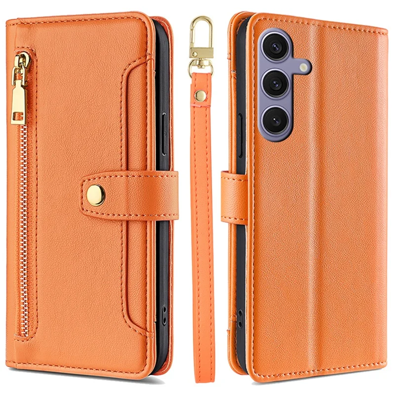For Samsung Galaxy S24+ Cell Phone Cover Magnetic Leather Phone Case Phone Stand with 2 Straps - Orange