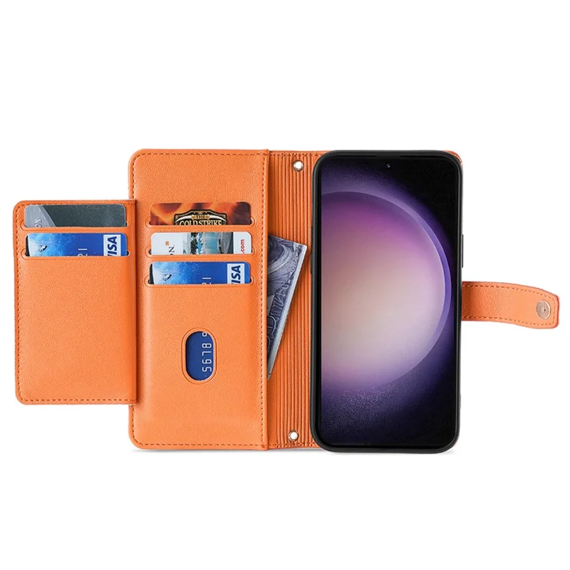 For Samsung Galaxy S24+ Cell Phone Cover Magnetic Leather Phone Case Phone Stand with 2 Straps - Orange