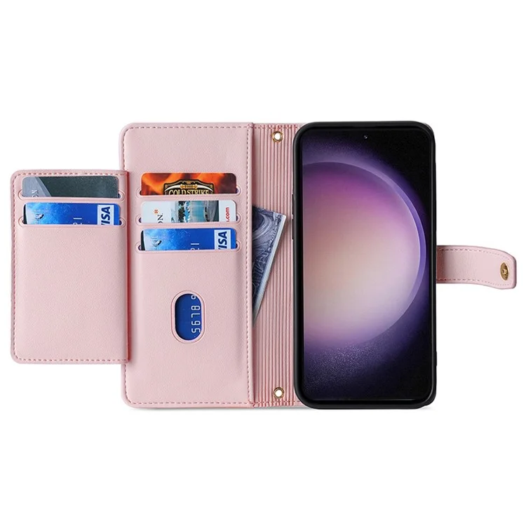 For Samsung Galaxy S24 Case Magnetic Drop-proof Cover Leather Stand Cover with 2 Straps - Pink