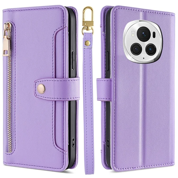For Honor Magic6 Pro 5G Case Zipper Pocket Wallet Anti-Drop Leather Phone Cover with 2 Straps - Purple