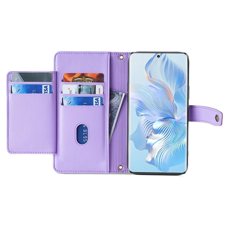 For Honor Magic6 Pro 5G Case Zipper Pocket Wallet Anti-Drop Leather Phone Cover with 2 Straps - Purple