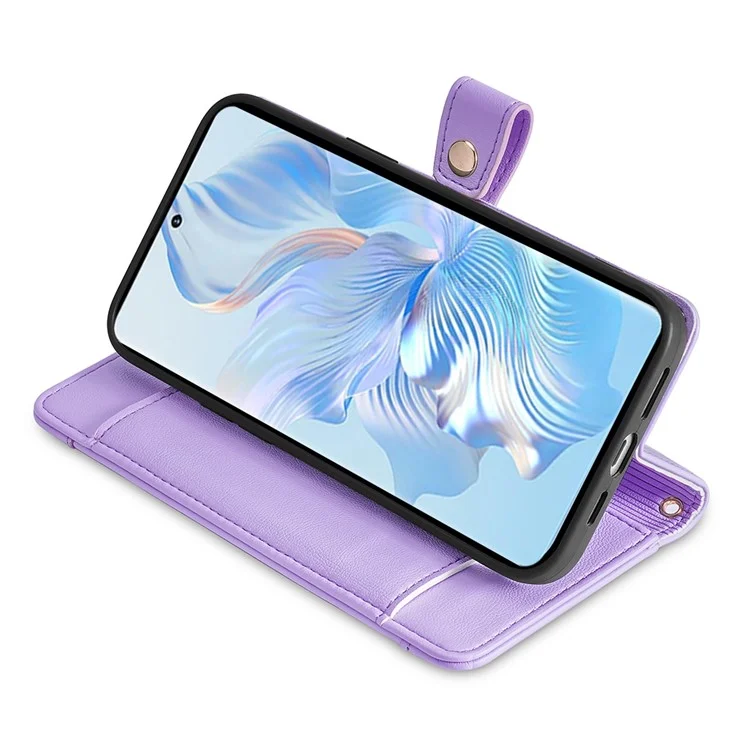 For Honor Magic6 Pro 5G Case Zipper Pocket Wallet Anti-Drop Leather Phone Cover with 2 Straps - Purple