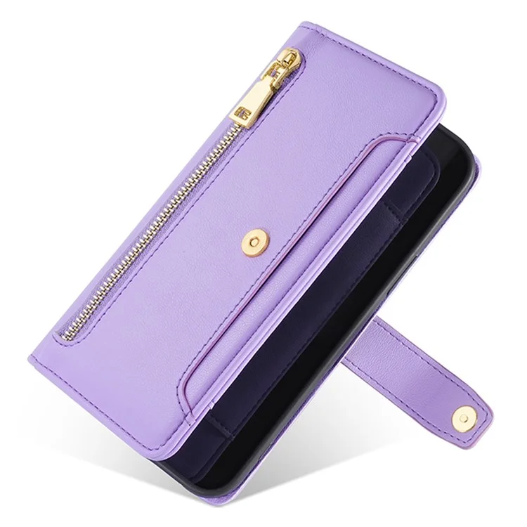 For Honor Magic6 Pro 5G Case Zipper Pocket Wallet Anti-Drop Leather Phone Cover with 2 Straps - Purple