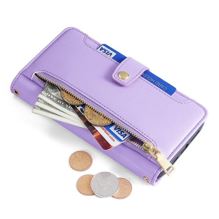 For Honor Magic6 Pro 5G Case Zipper Pocket Wallet Anti-Drop Leather Phone Cover with 2 Straps - Purple