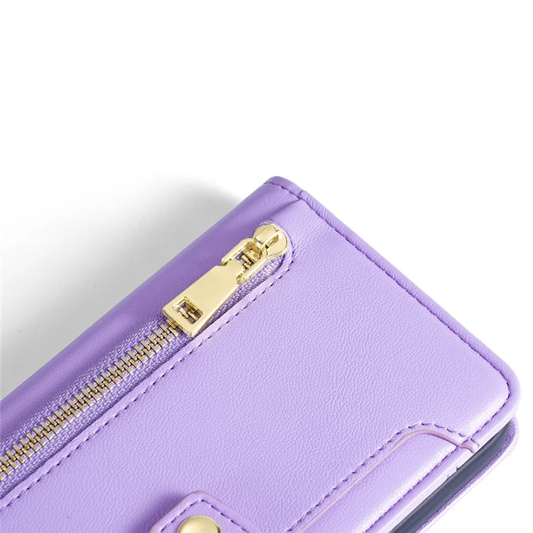For Honor Magic6 Pro 5G Case Zipper Pocket Wallet Anti-Drop Leather Phone Cover with 2 Straps - Purple