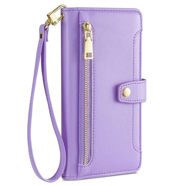 For Honor Magic6 Pro 5G Case Zipper Pocket Wallet Anti-Drop Leather Phone Cover with 2 Straps - Purple