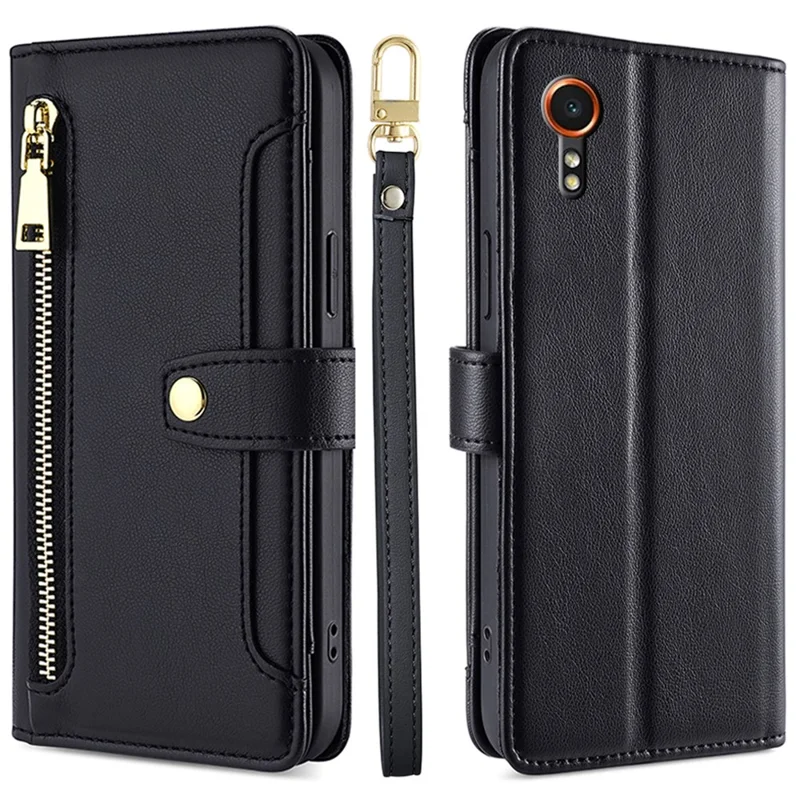 For Samsung Galaxy Xcover7 Wallet Case Shockproof Leather Phone Cover with 2 Straps - Black