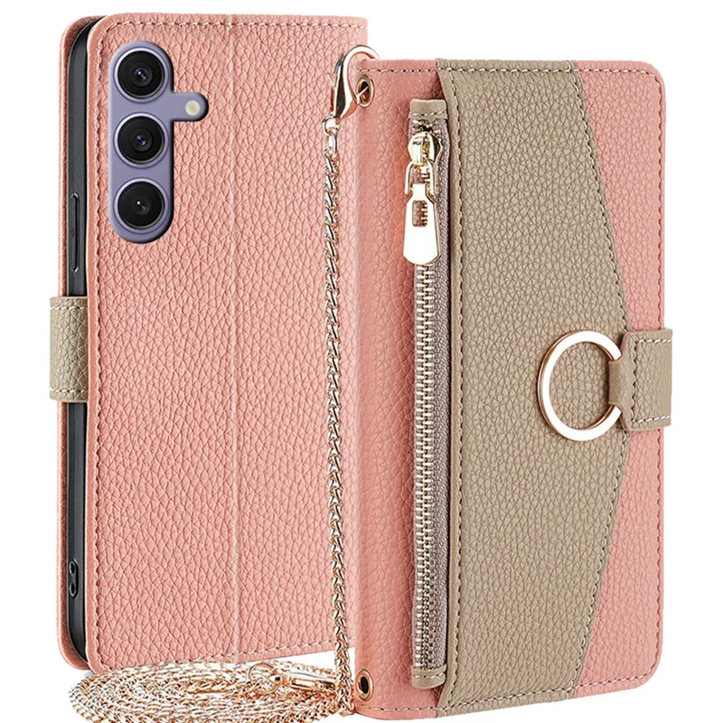For Samsung Galaxy S24+ Zipper Pocket Phone Cover Crossbody Case with Makeup Mirror - Pink