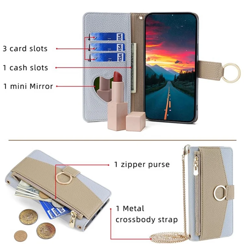 For Honor Magic6 5G Makeup Mirror Zipper Pocket Phone Cover Leather Case with Shoulder Strap - Blue