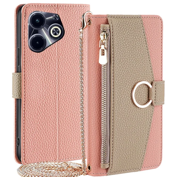 Leather Case for Infinix Hot 40i Makeup Mirror Zipper Pocket Phone Cover with Shoulder Strap - Pink