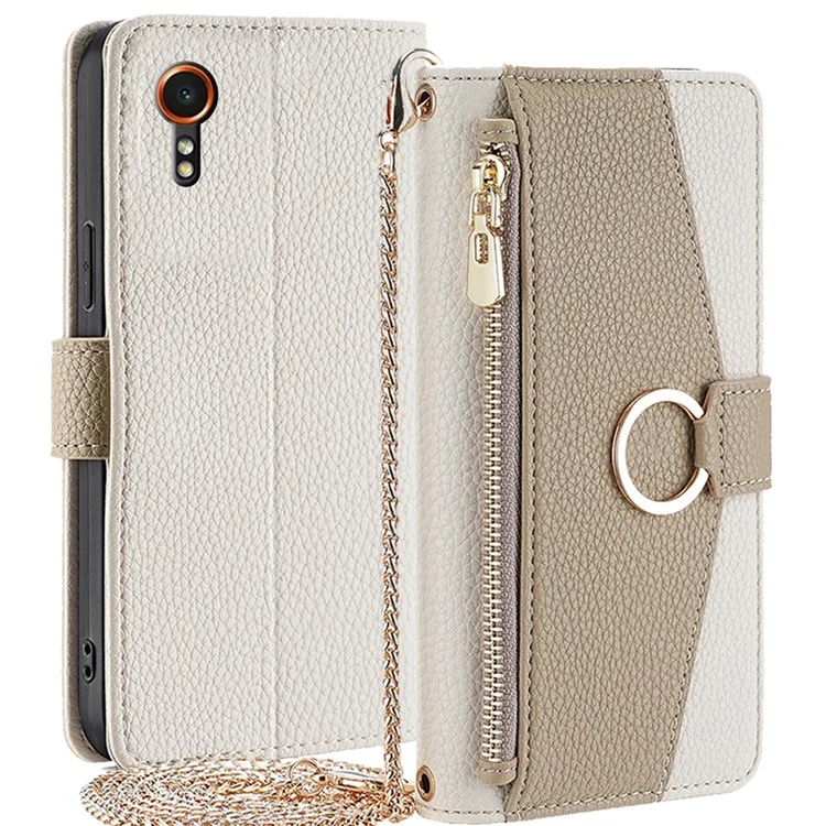 For Samsung Galaxy Xcover7 Makeup Mirror Zipper Pocket Phone Cover Shockproof Case with Shoulder Strap - White
