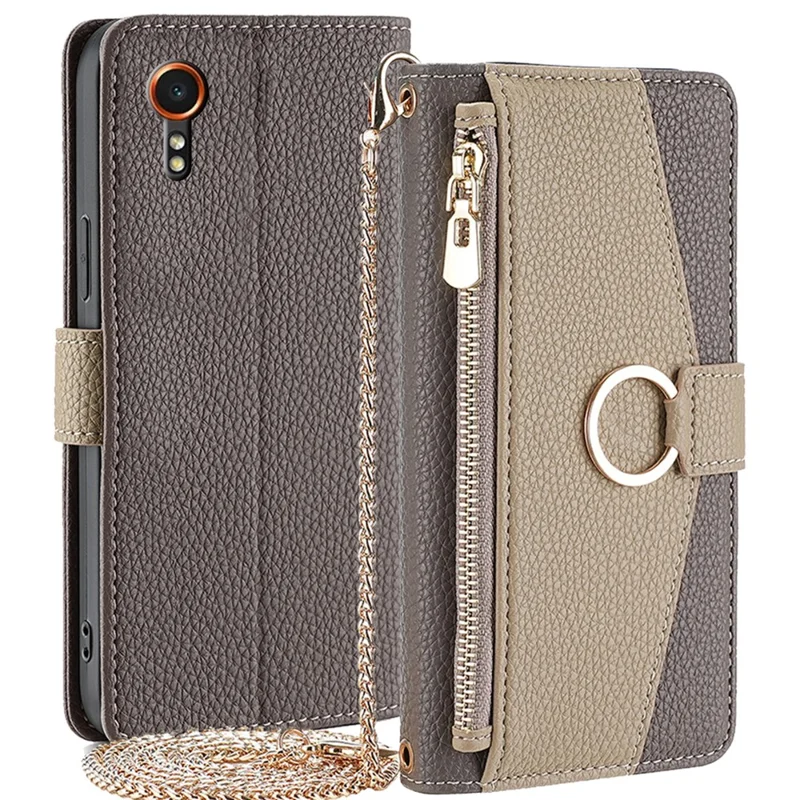 For Samsung Galaxy Xcover7 Makeup Mirror Zipper Pocket Phone Cover Shockproof Case with Shoulder Strap - Grey