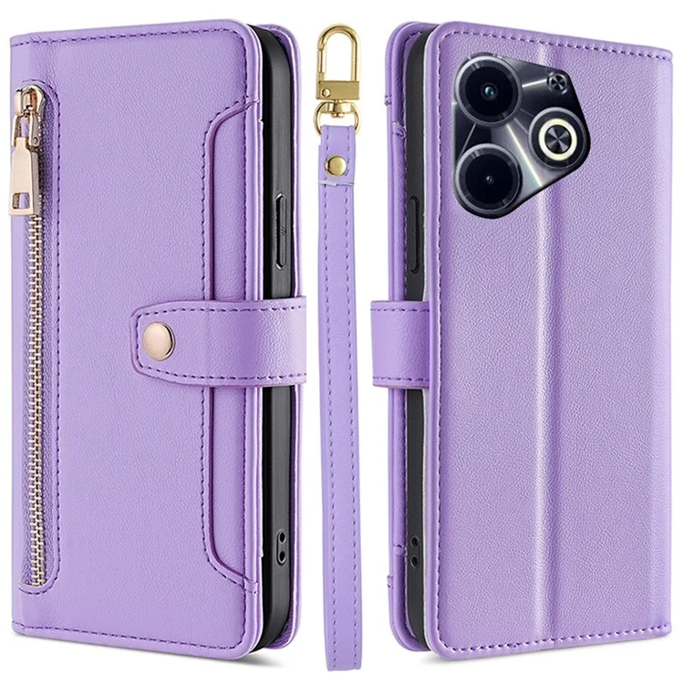 For Transsion Infinix Hot 40i Leather Case Protective Wallet Phone Cover with 2 Straps - Purple