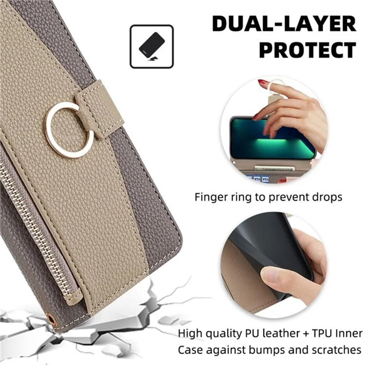 For Motorola Moto G Play (2024) 4G Makeup Mirror Zipper Pocket Phone Cover Drop Proof Case with Shoulder Strap - Grey