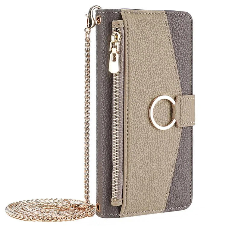 For Motorola Moto G Play (2024) 4G Makeup Mirror Zipper Pocket Phone Cover Drop Proof Case with Shoulder Strap - Grey