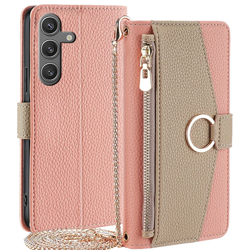 For Samsung Galaxy S24 Makeup Mirror Zipper Pocket Phone Cover Anti-scratch Case with Shoulder Strap - Pink
