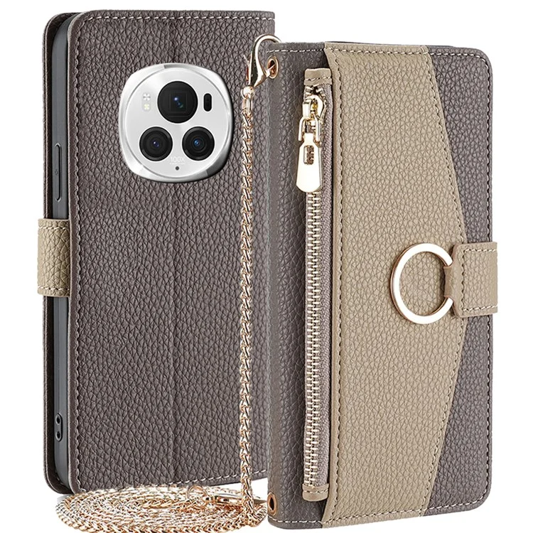 For Honor Magic6 Pro 5G Wallet Case Makeup Mirror PU Leather Phone Cover with Crossbody Strap - Grey