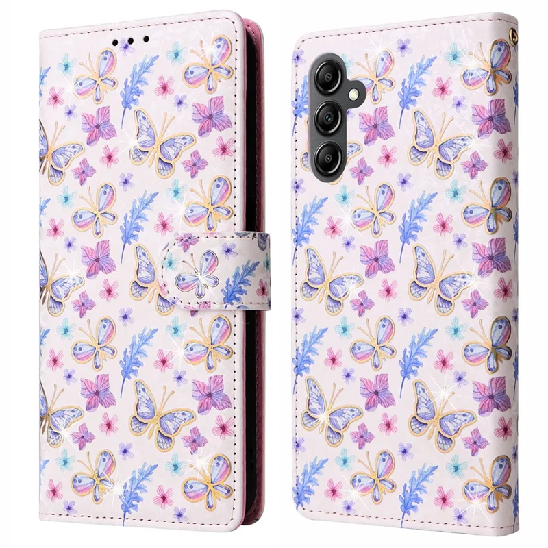 For Samsung Galaxy A15 4G / 5G Leather Case RFID Blocking Flip Folio Lacquered Phone Cover - Butterfly Flower
