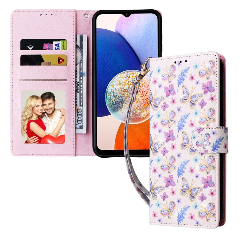 For Samsung Galaxy A15 4G / 5G Leather Case RFID Blocking Flip Folio Lacquered Phone Cover - Butterfly Flower