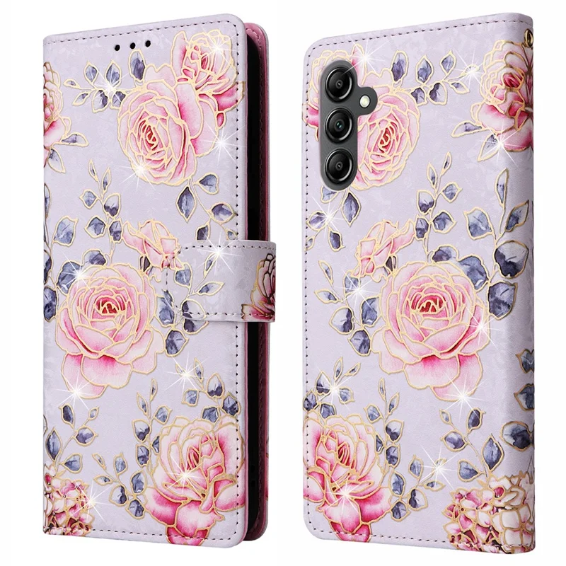 For Samsung Galaxy A15 4G / 5G Læderetui med RFID-blokerende Flip Folio og Lakeret Dækskærm - Roseblomst
