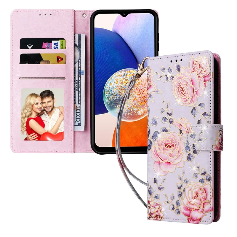 For Samsung Galaxy A15 4G / 5G Læderetui med RFID-blokerende Flip Folio og Lakeret Dækskærm - Roseblomst