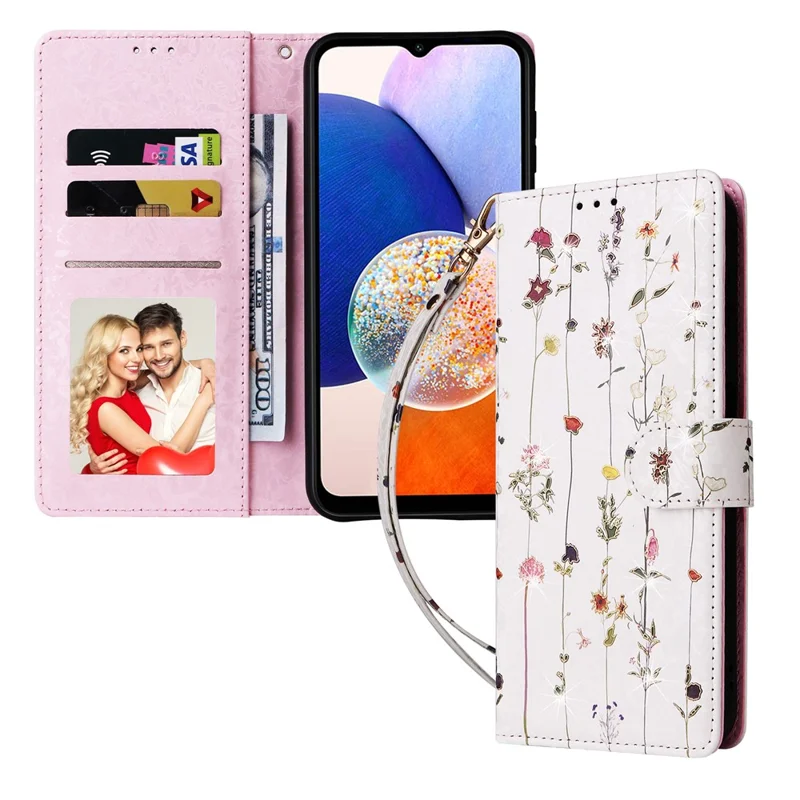 For Samsung Galaxy A15 4G / 5G Leather Case RFID Blocking Flip Folio Lacquered Phone Cover - Small Flower