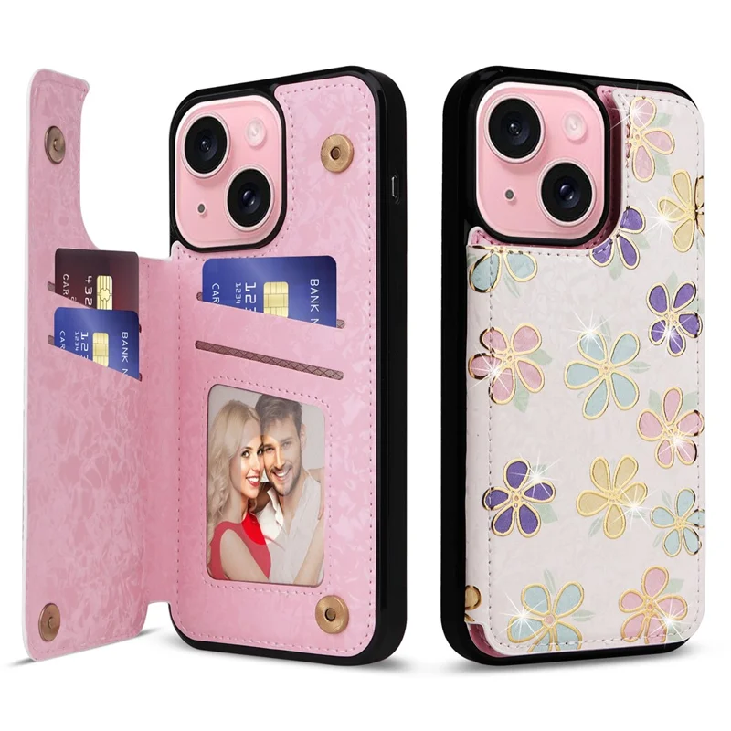 For iPhone 15 Card Slot Case Kickstand Anti-Drop Flower Printed Phone Cover - Flowers