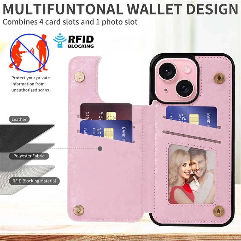 For iPhone 15 Card Slot Case Kickstand Anti-Drop Flower Printed Phone Cover - Flowers