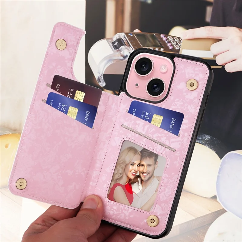 For iPhone 15 Card Slot Case Kickstand Anti-Drop Flower Printed Phone Cover - Flowers