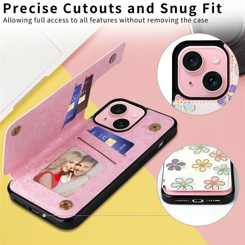 For iPhone 15 Card Slot Case Kickstand Anti-Drop Flower Printed Phone Cover - Flowers