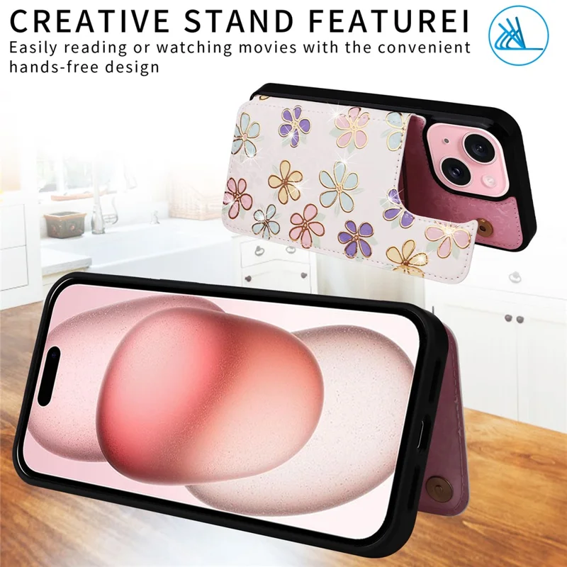 For iPhone 15 Card Slot Case Kickstand Anti-Drop Flower Printed Phone Cover - Flowers