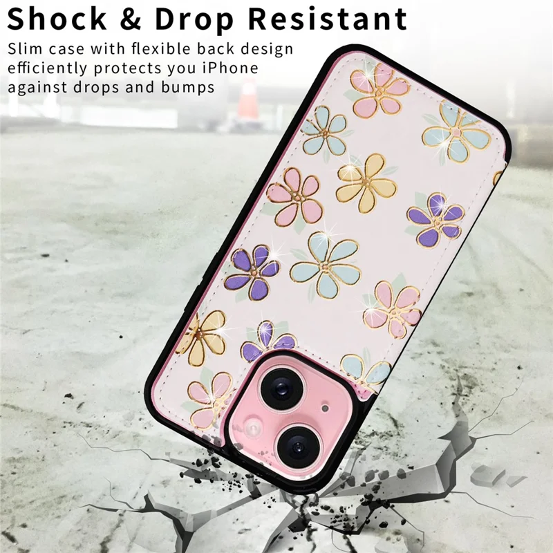 For iPhone 15 Card Slot Case Kickstand Anti-Drop Flower Printed Phone Cover - Flowers