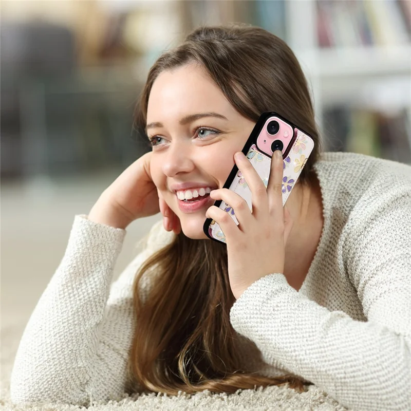 For iPhone 15 Card Slot Case Kickstand Anti-Drop Flower Printed Phone Cover - Flowers