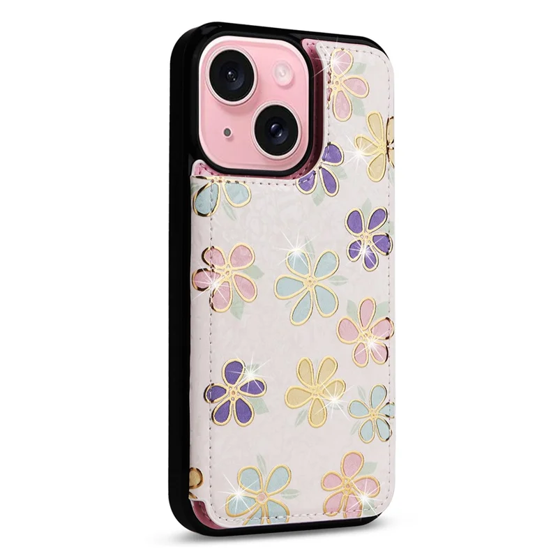 For iPhone 15 Card Slot Case Kickstand Anti-Drop Flower Printed Phone Cover - Flowers