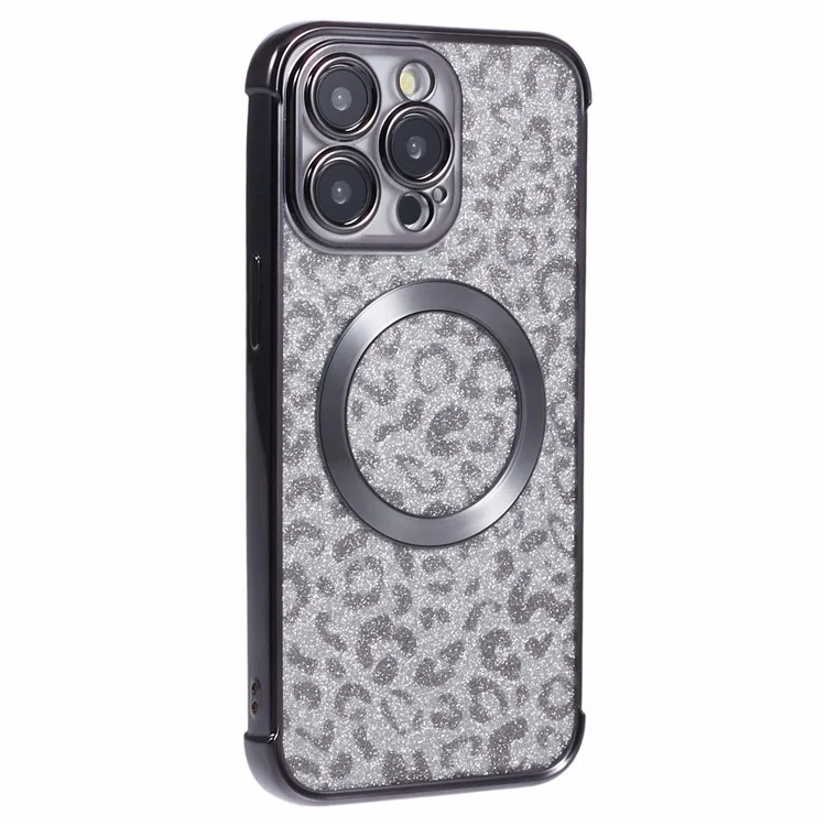 HRF-Serie für iPhone 13 Pro Max Case Electroplating TPU Magnetisches Handyhülle Leopardenmuster - Schwarz