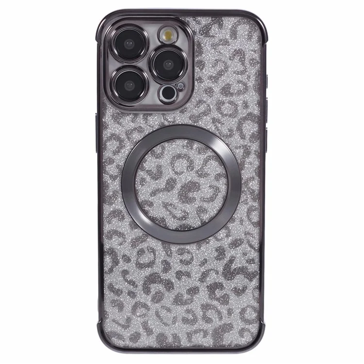 HRF-Serie für iPhone 13 Pro Max Case Electroplating TPU Magnetisches Handyhülle Leopardenmuster - Schwarz