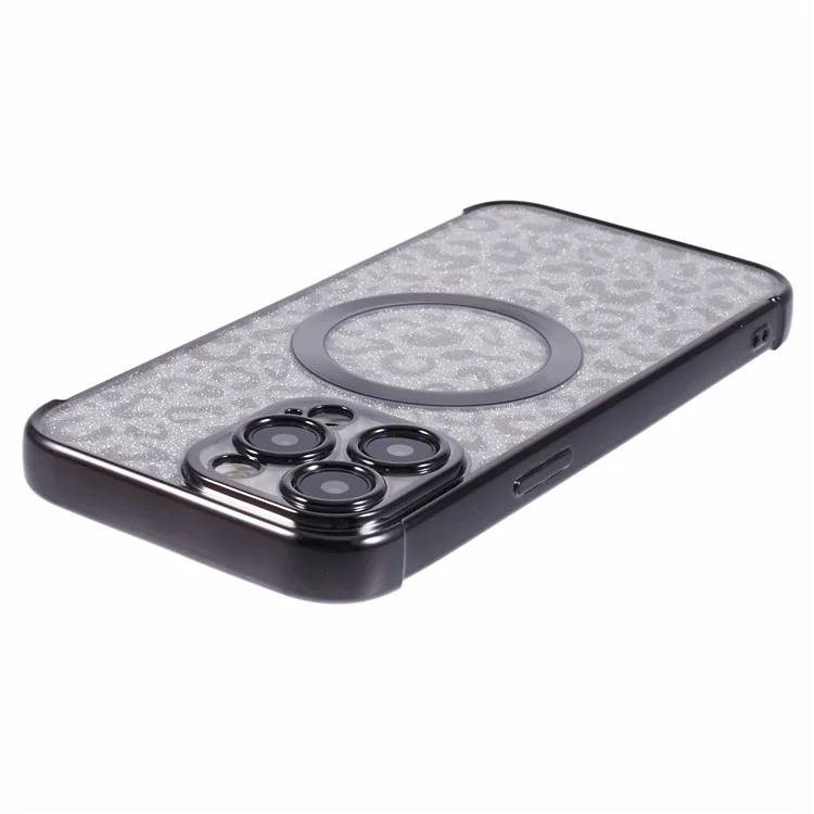 HRF-Serie für iPhone 13 Pro Max Case Electroplating TPU Magnetisches Handyhülle Leopardenmuster - Schwarz