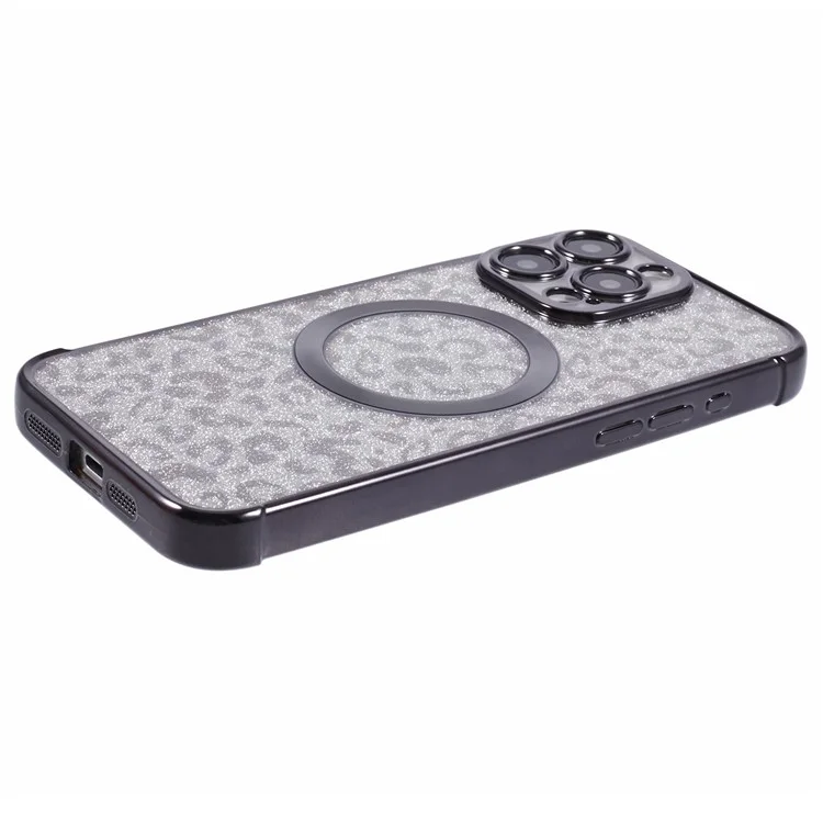 HRF-Serie für iPhone 13 Pro Max Case Electroplating TPU Magnetisches Handyhülle Leopardenmuster - Schwarz