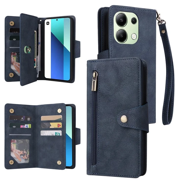 Для Xiaomi Redmi Note 13 4G Phone Wallet Case Rivet Decor Leather Stand Cover - Blue