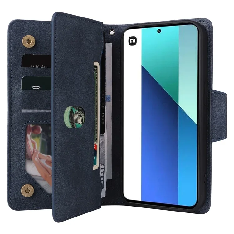 Для Xiaomi Redmi Note 13 4G Phone Wallet Case Rivet Decor Leather Stand Cover - Blue